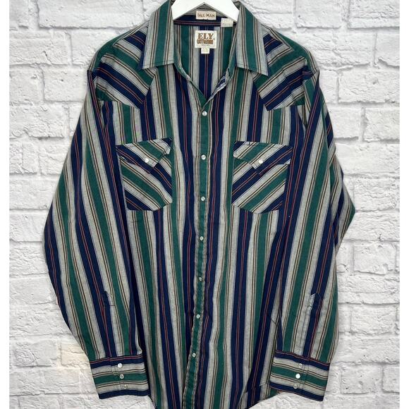 Vintage Ely Cattleman Tall Man Striped Long Sleeve Pearl Button Shirt XL Gray - Picture 1 of 6